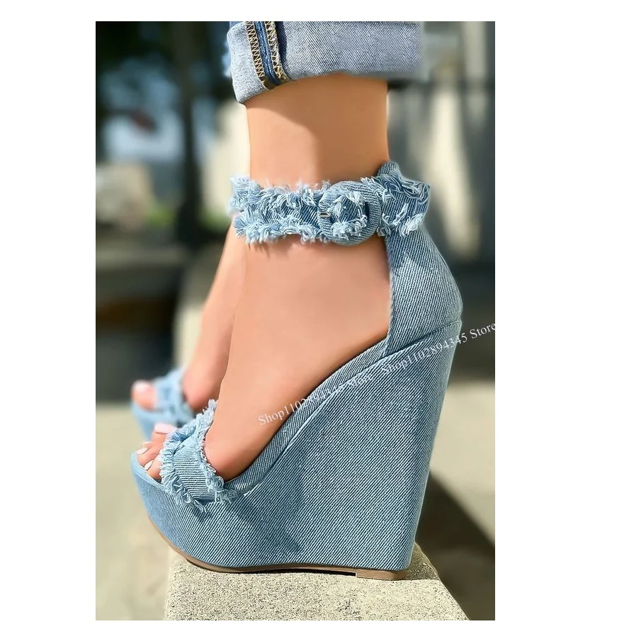 

Wedge Platform Denim Cover Heel Sandals Sexy Shallow Hollow Cool Fashionable Summer Casual Big Size Woman Shoes Zapatillas Mujer