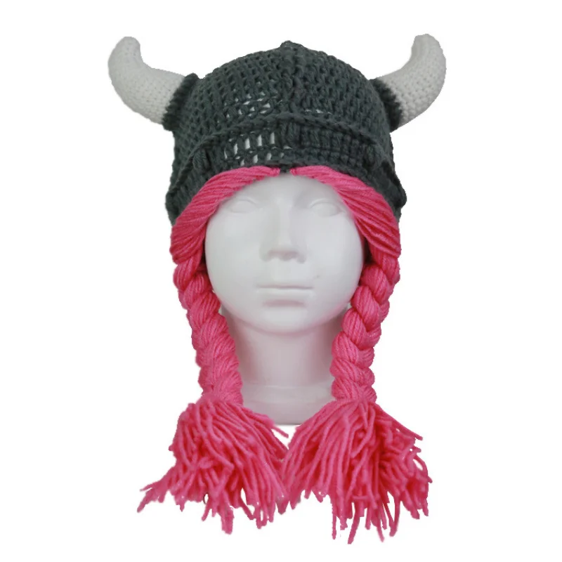 Children's Cute Funny Quirky Horn Colorful Winter Knitted Wig Braid Children Hat KIds Satge Performance Halloween Party Caps