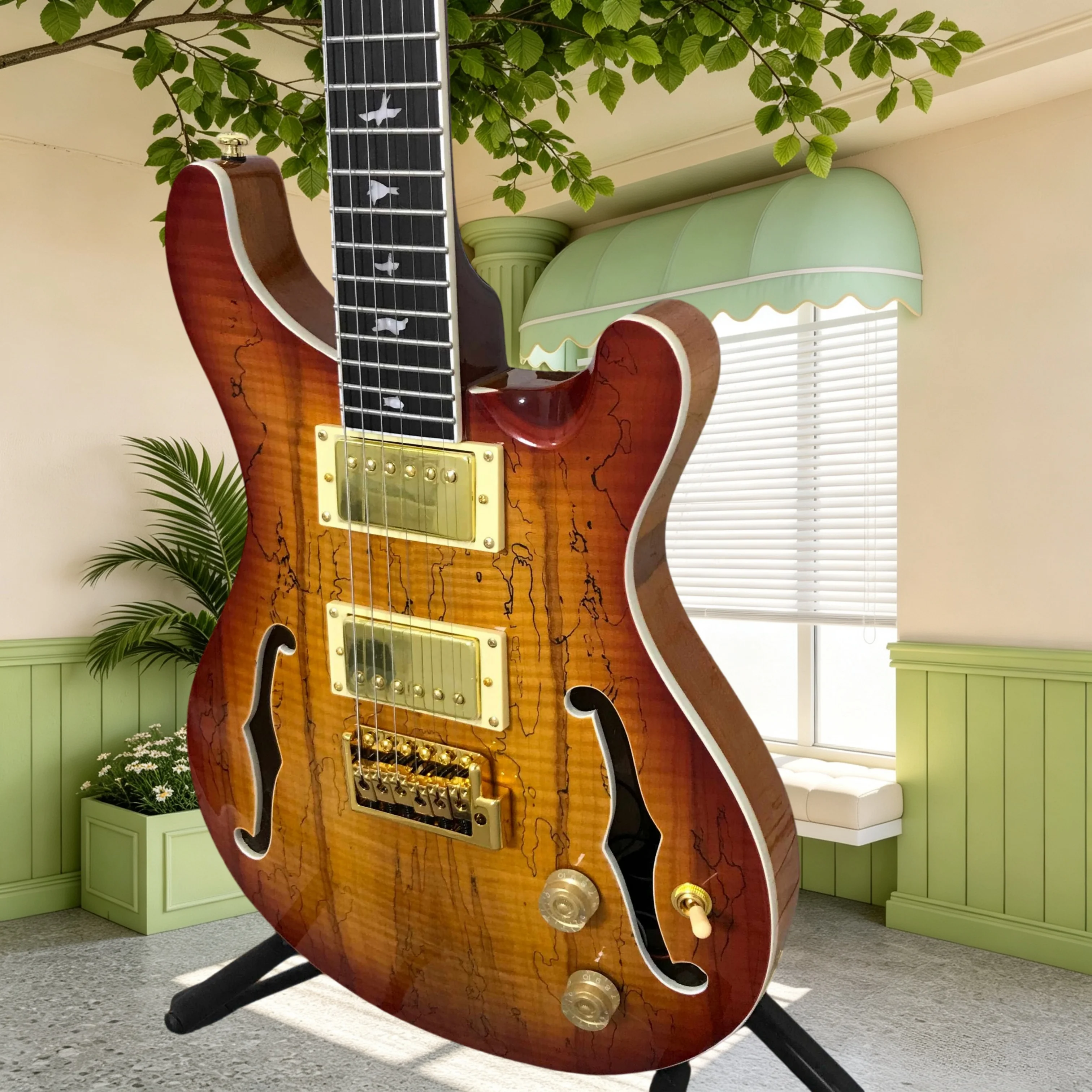 PRS Spalted Semi Hollow Electric Guitar F Hole Body Rosewood Fretboard Bird Inlay Gold Pickup Tremolo System Jazz Blues Pop Rock