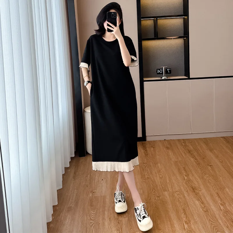 Robes d'été coréennes pour femmes, en dentelle, épissure, manches courtes, décontractée, ample, slim, taille haute, Maxi T-shirt