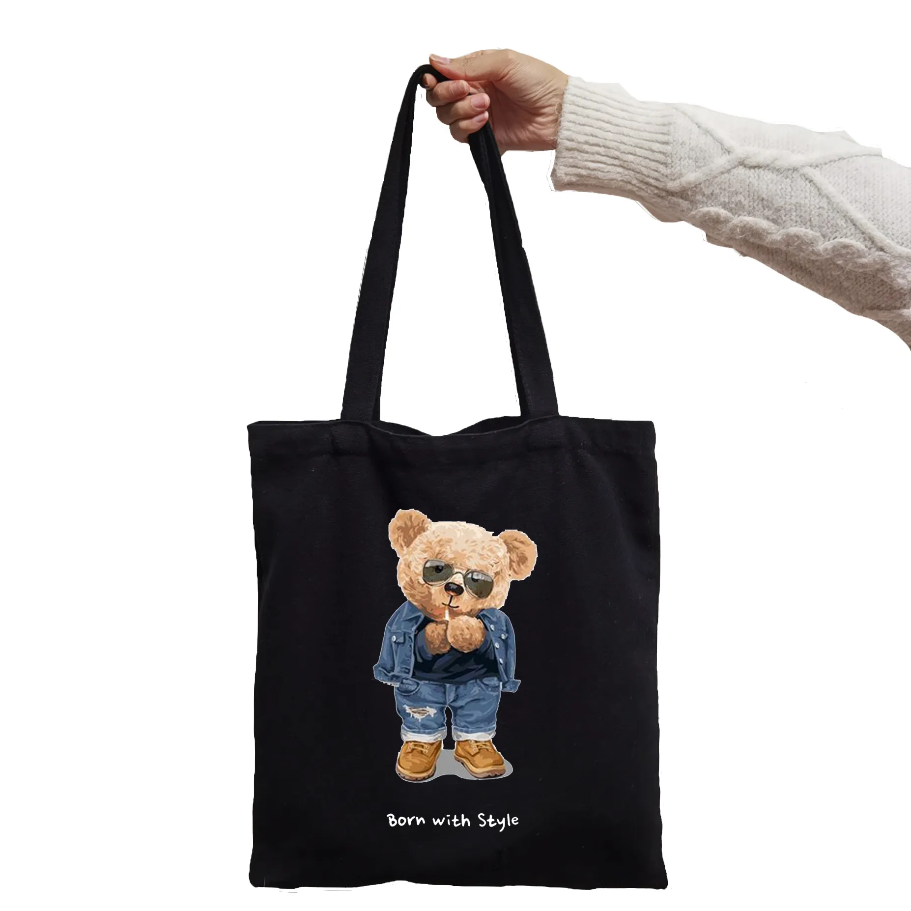 Torba na zakupy Good Students Bear Rush Hour Bear Print Cool Shopper Bag Shopper Black White Women Fashion torby na ramię Tote bag