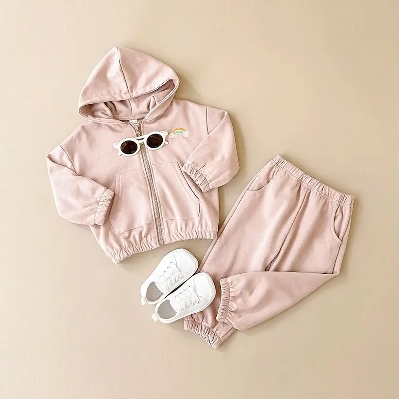 INS Newborn Set Girls Hoodie Children Clothing Rainbow Embroidered Long Sleeves+Long Pants Baby Sports Shirt Casual Boys 2PCS