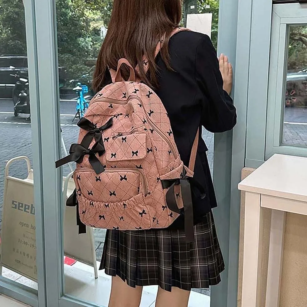 

Daypack Corduroy Bow Backpack Silk Design Contrast Color Students School Bag Polyester Scratch Prevention