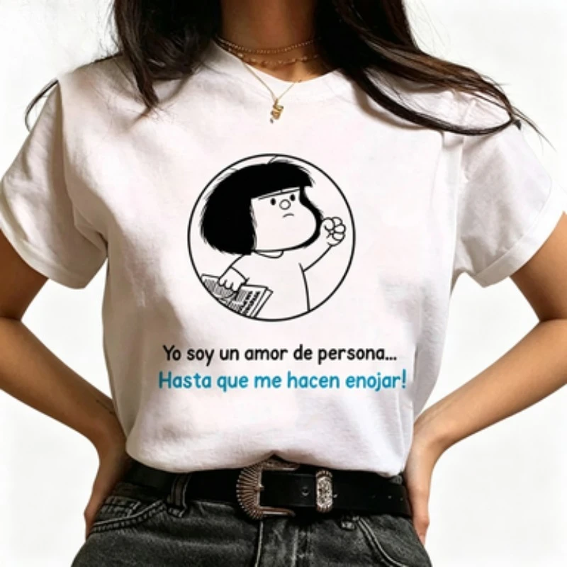 Ladies Crew‑neck T‑shirt Funny Spanish Letter Cute Hand‑drawn Cartoon Print Soft Cotton Daily‑wear Trendy Women Tops