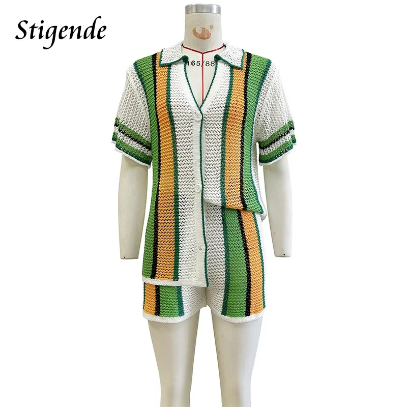 Stigende Summer Knit Two Piece Set Woman Striped Cardigan Outfit Turn Down Collar Blouse and Shorts