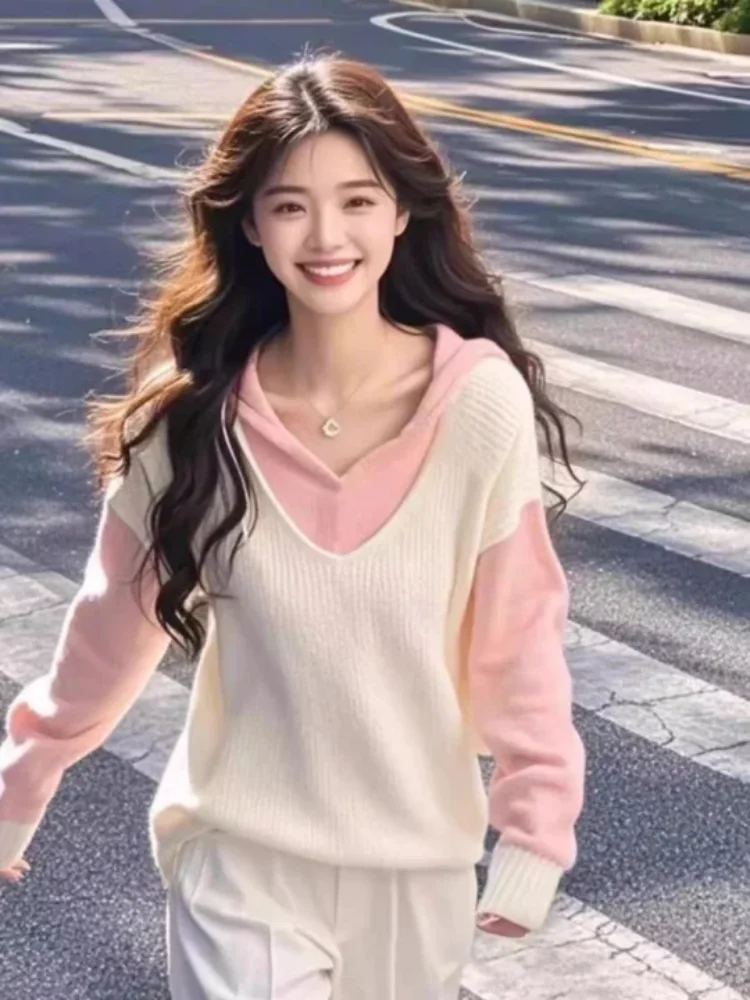 

Autumn and Winter Pink Fake Two Piece Knitted Women's Sweater 2025 New Loose Trendy Women's Top Sweet cute Style