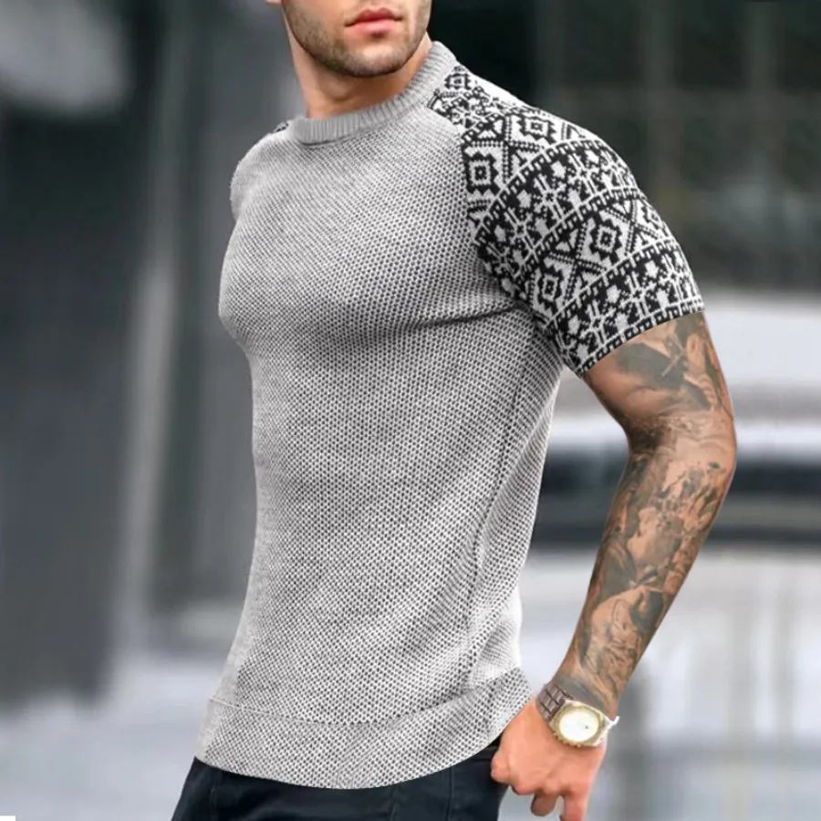 High-quality Waffle Tops 2024 Spring Summer New Men's Short Sleeve T-shirt Trend O-neck Patckwork Pullover Man Casual Daily Tees