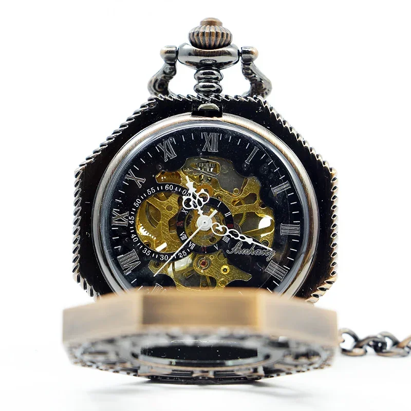 

Ramadan Classic Hexagonal Mechanical Pocket Watch FOB Chain Steampunk Roman Dial Skeleton Gold Hollow Steel Men's Pocket Watch