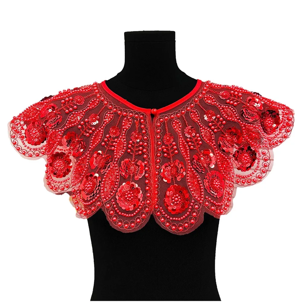 Detachable False Collar Embroidered Pattern Beaded Design Mesh Shawl Collar Openwork Style Lace Texture Embroidery Neckline