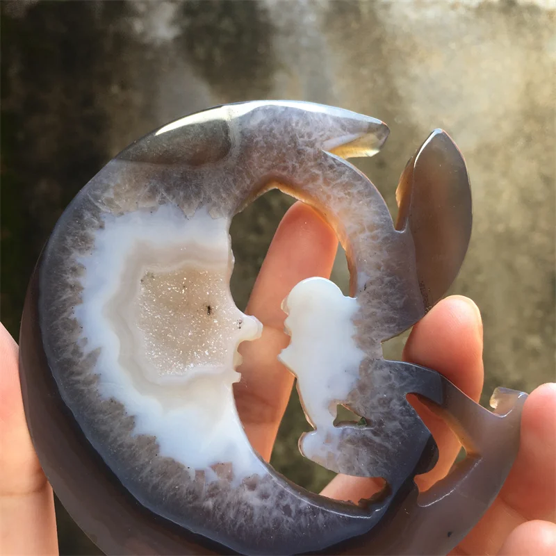 Natural Druzy Agate Geode Carving Moon Fairy Mineral Crystal Quartz Stone Reiki Treatment Home Decoration Energy Gift+Holder