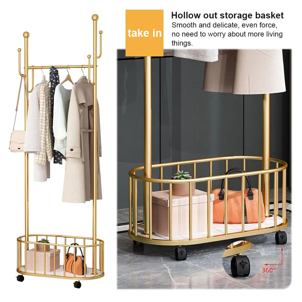 

Clothes Rack with Basket Coat Stand Movable Clothes Rail with Wheel for Coats Skirts Shirts Sweaters