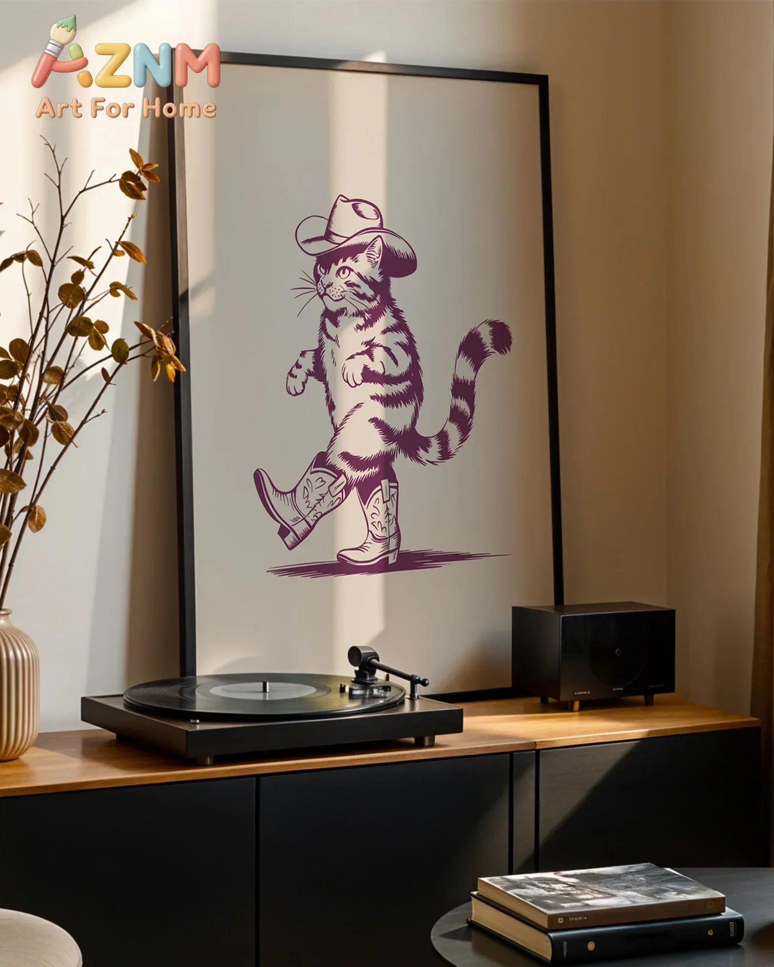 AZNM Cowboy Cat Canvas Wall Art Vintage Line Drawing Tabby Cat With Cowboy Hat Boots Art Print Unframed Canvas Poster for Home D