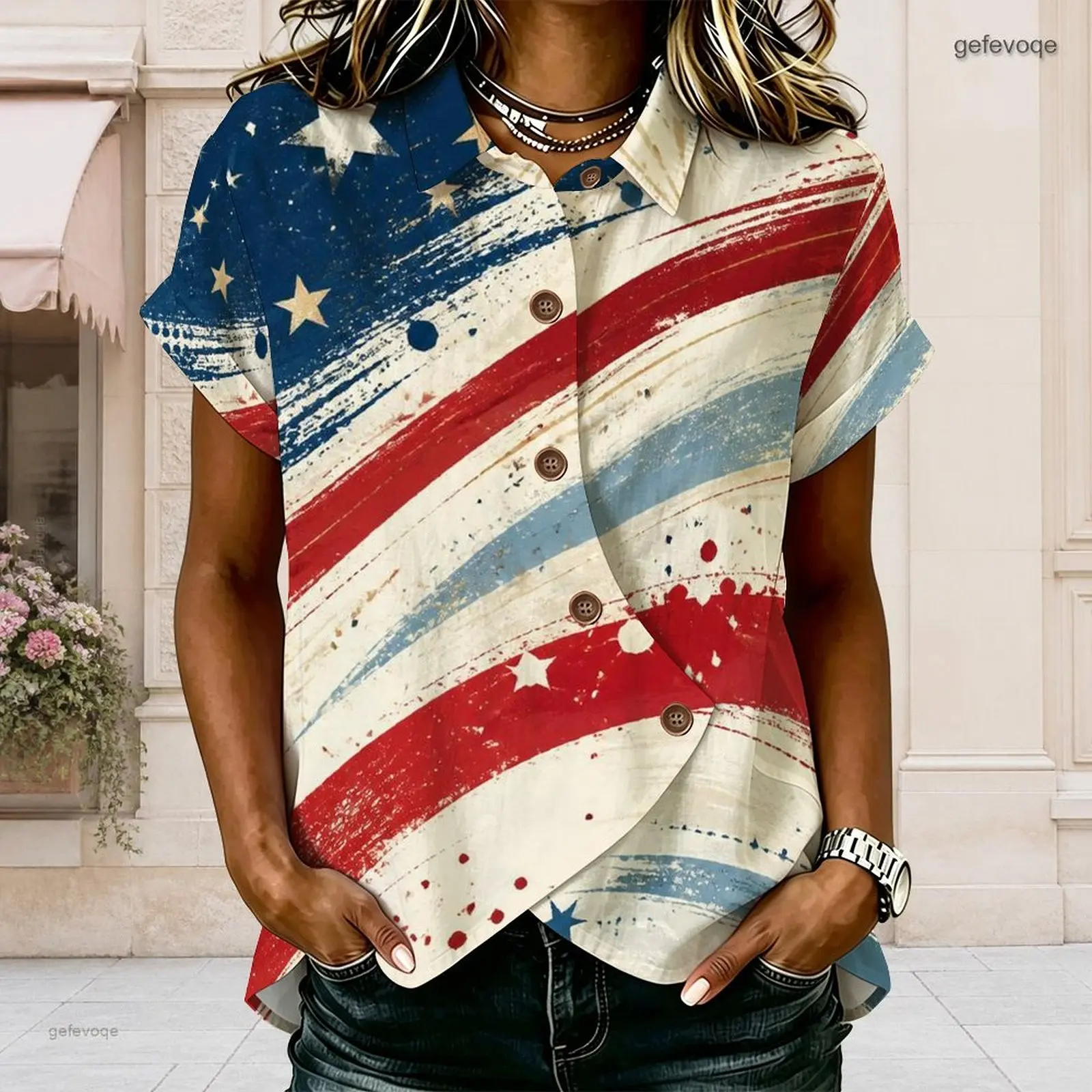 Women Shirt with Print Collared Neck Short Sleeve Button Front Cross Hem