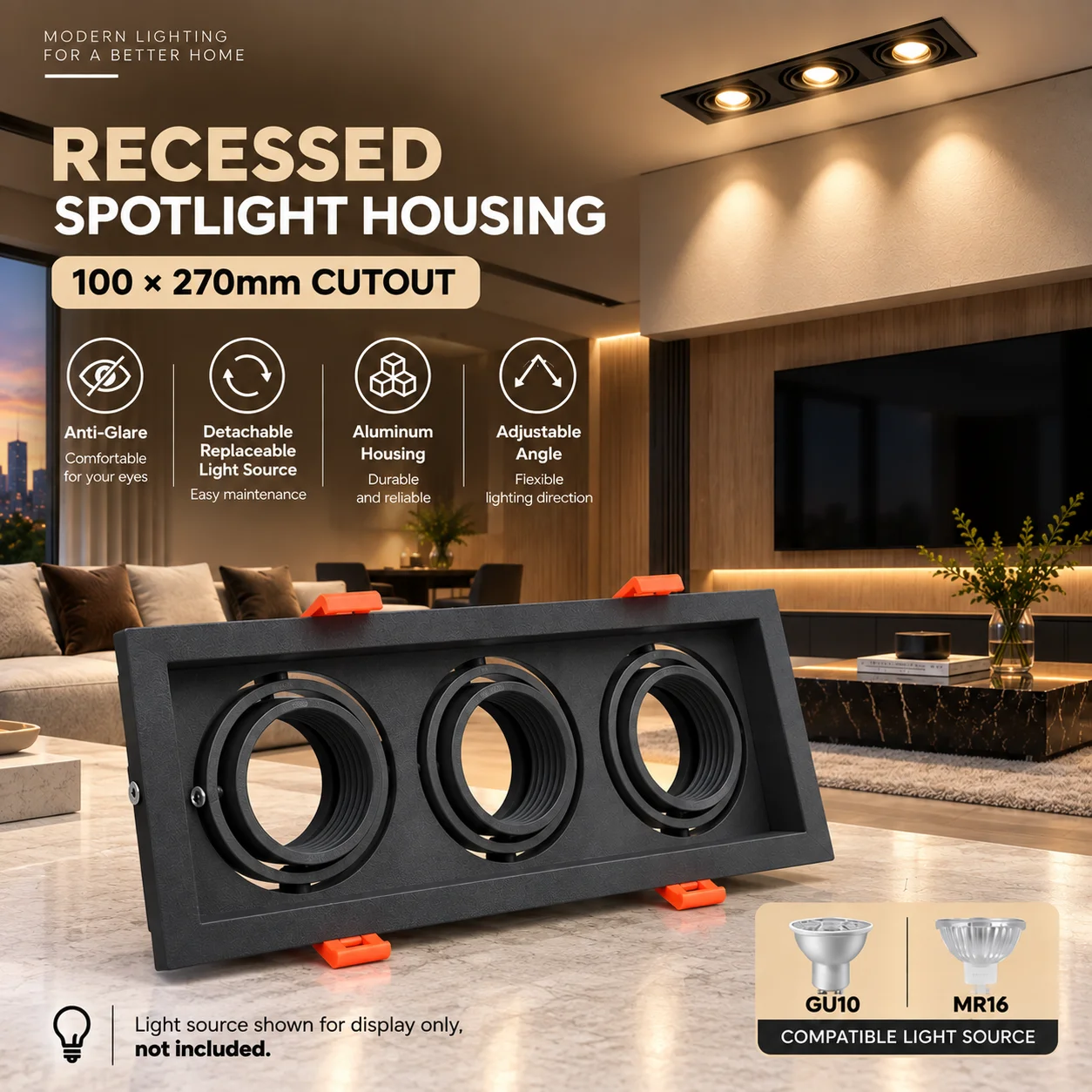 GU10 MR16 Triple Recessed Downlight Frame 100x270mm Cutout Deep Anti Glare Aluminum Adjustable Spotlight Housing