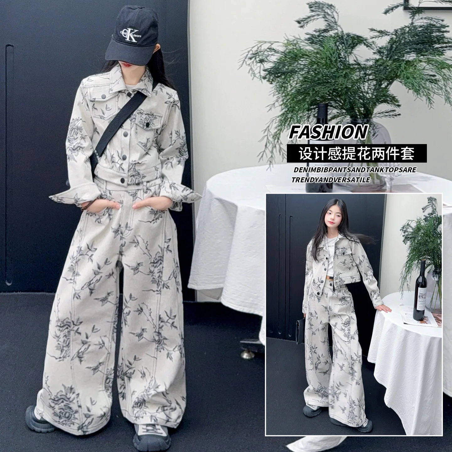 

Spring Summer 2026 Girl's Cotton Clothes Suit Kids Linen Coat Long Sleeve Sequin Embroidered Jacket Top+Loose Wide Street Pants