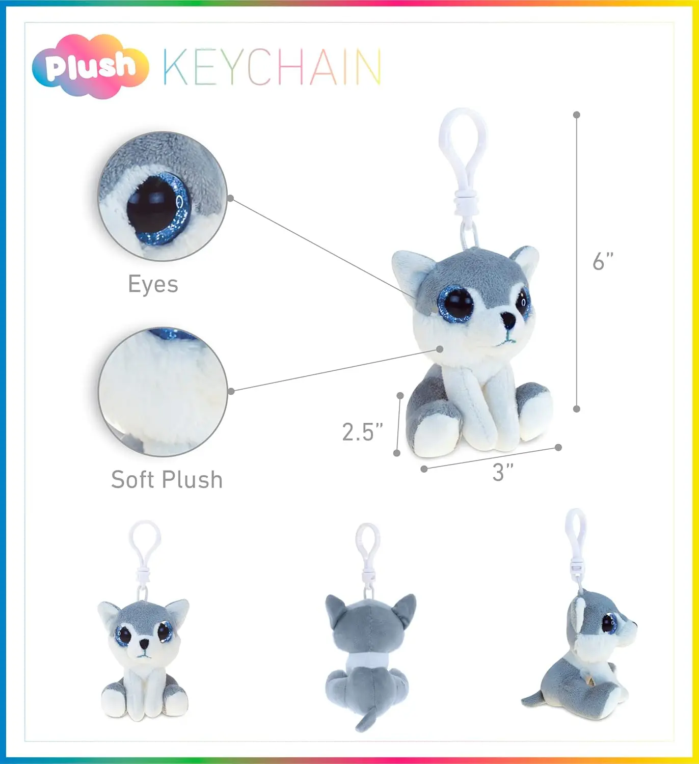 พวงกุญแจตุ๊กตาหมาป่าตาโตน่ารักพร้อมคลิปหนีบ - ตุ๊กตาสัตว์นุ่มนิ่มสำหรับตกแต่งกระเป๋าเป้สะพายหลังสำหรับเด็ก ผู้หญิง และผู้ชาย