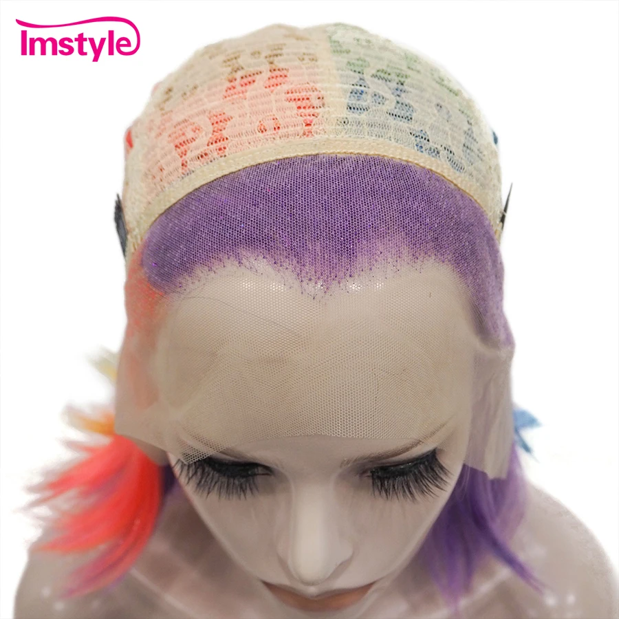 Imstyle Short Bob Wig Colorful Synthetic Lace Front Wig Tinsel Mixed Purple Wig For Women Cosplay Party Wig Heat Resistant Fiber