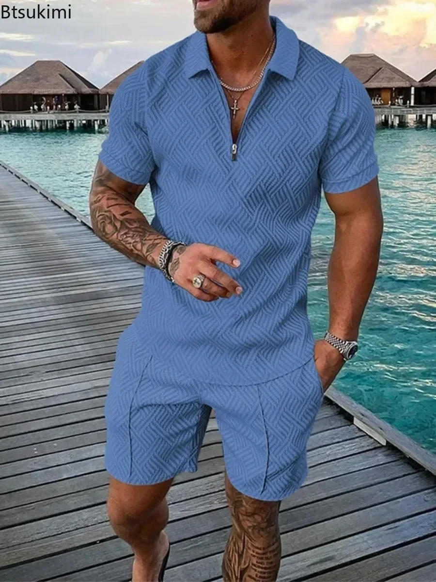 New Men Polo Suit Fashion Men's Summer Solid Half Zip Short Sleeve Polo Shirt+Shorts 2 PCS Sets Men Casual Sport Suit Streetwear