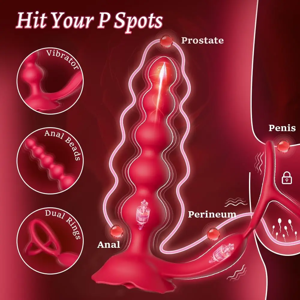 Wibrator erotyczny męski - sztuczny penis - zdalnie sterowany masażer punktu P i prostaty z różą, 10 trybami wibracji i funkcją jednostronnego uderzeń.
