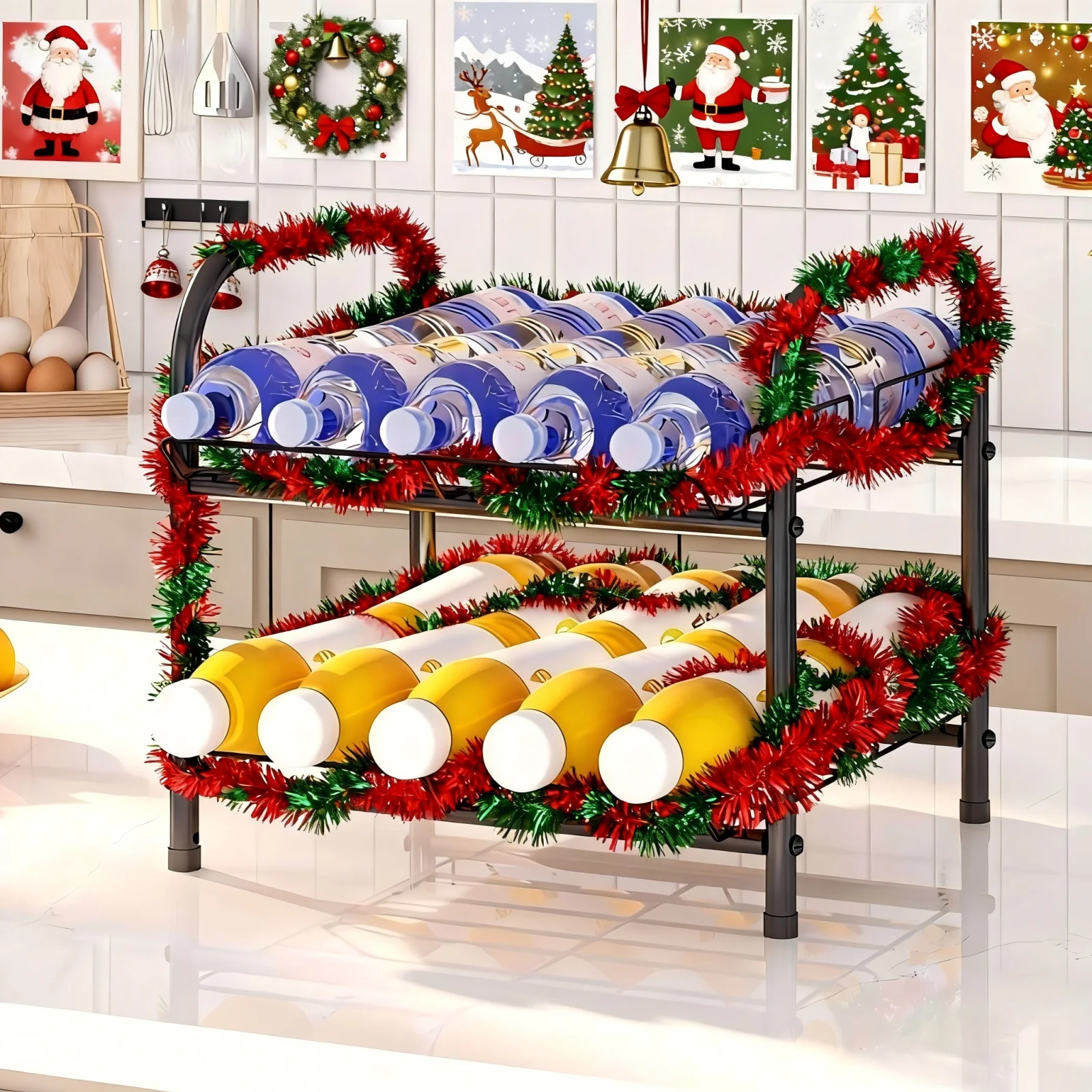 

Бытовая черная 2-слойная полка для бутылок с водой, стеллаж для сортировки и хранения бутылок с минеральной водой, легко собрать