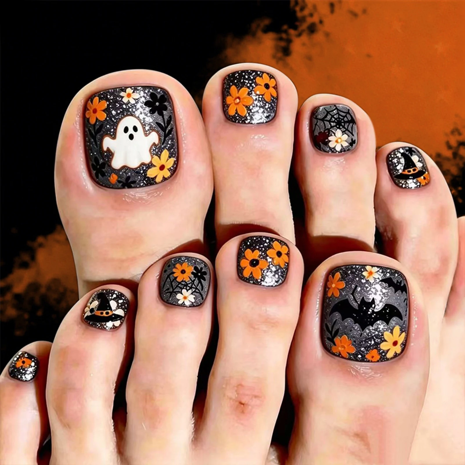 Kunstharz Aufklebenägel für Halloween-Party Erwachsene Frauen Gotische Geister-Fledermaus Glitzer Falsche Zehennägel Glänzende Tragbare Nägel – Detail 1