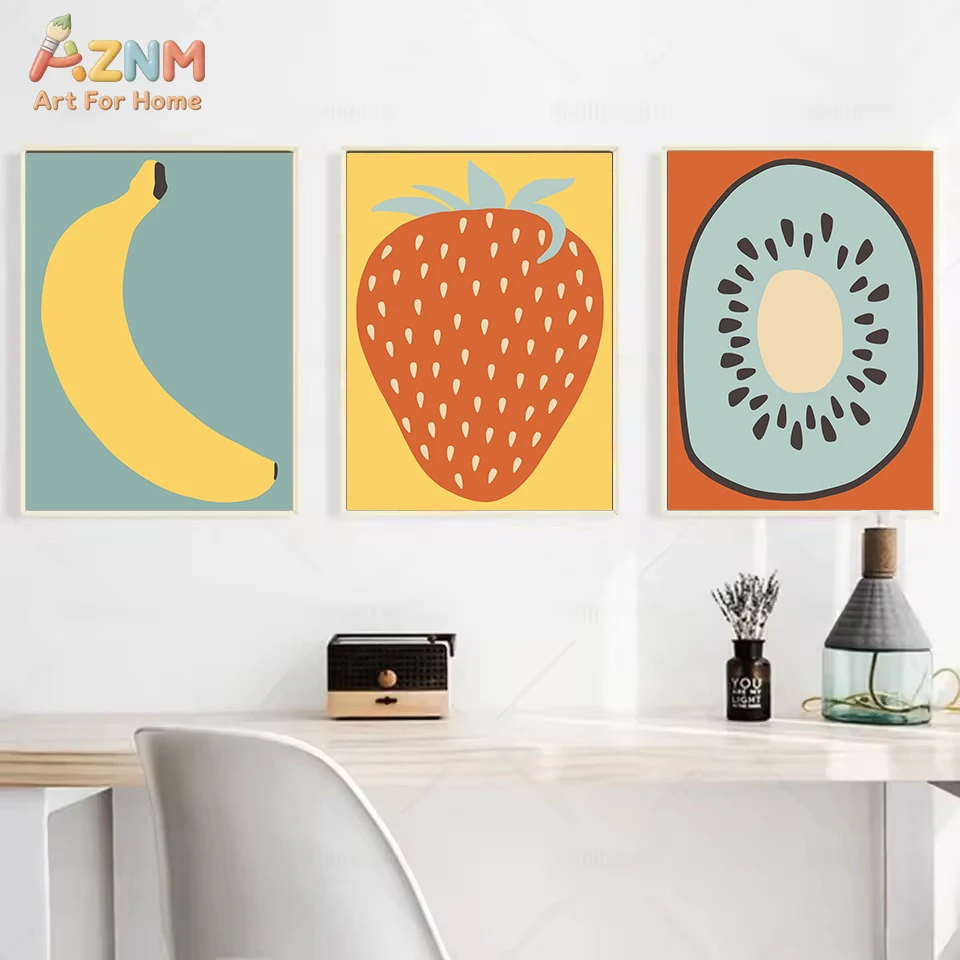 AZNM Unframed Cute Fruit Canvas Wall Art, Modern Minimalist Avocado Banana Strawberry Kiwi Print, Nordic Style Kitchen Dining Ro