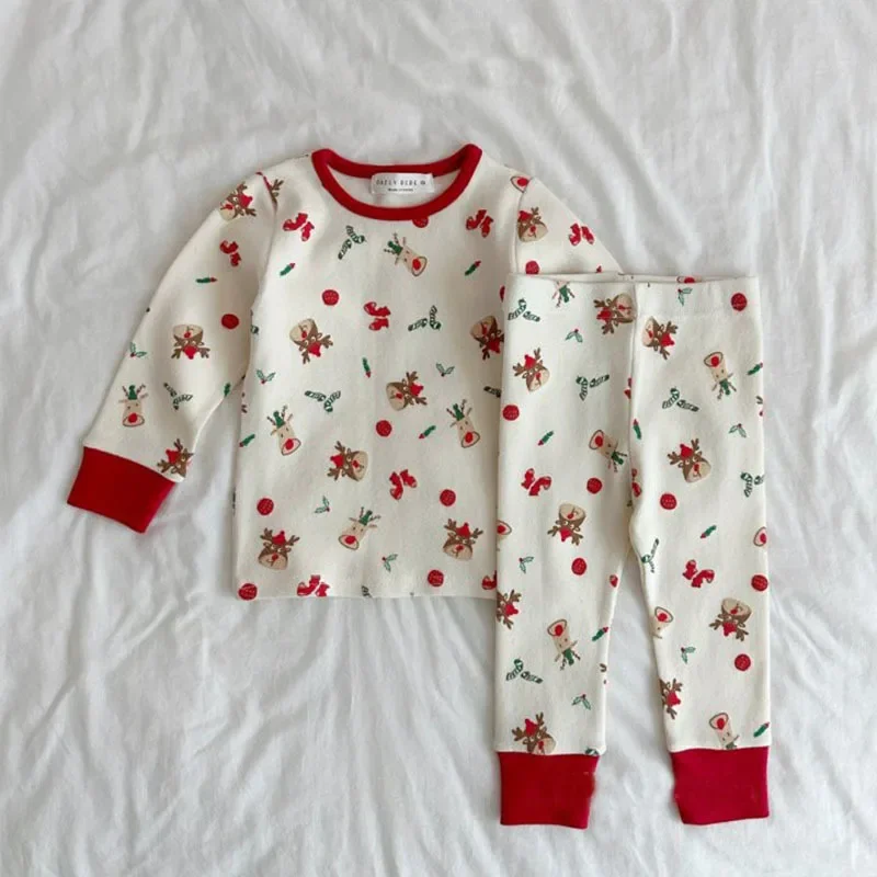 

2025 Spring Baby Clothes Christmas Pyjama Infant Elk Print Bottoming Shirt Pants 2Pcs Set Toddler New Year's Sleepwear Sets