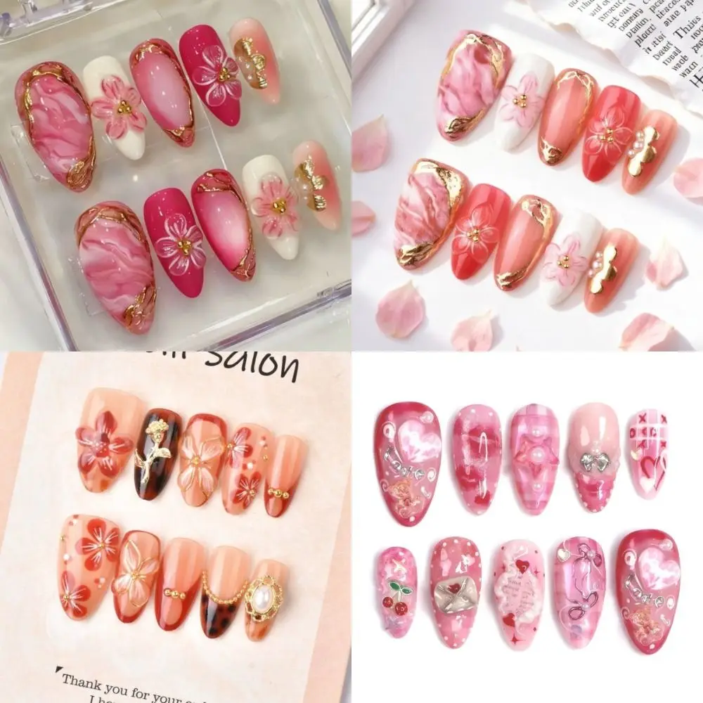 30 szt. Modne, słodkie sztuczne paznokcie, różowe wzory kwiatowe, francuskie tipsy, sztuczne paznokcie z kwiatami 3D, przedłużane paznokcie, na prezent