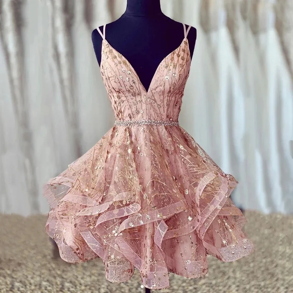 Robe de cocktail courte rose en cristal brillant, tenue de soirée, à volants, bretelles spaghetti, remise de diplôme, 2025