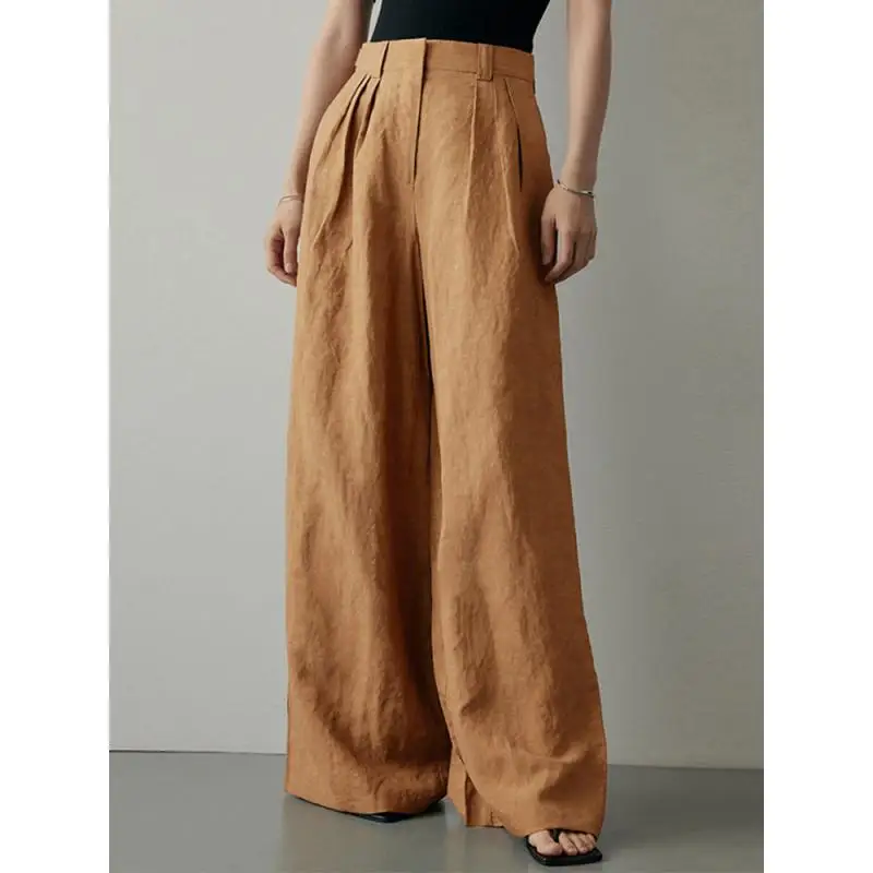 

Withered 2026 Summer Minimalist Imported Wrinkled Natural Linen Lazy Mid Waist Wide Leg Pants Fashionable Loose Woman Clothes