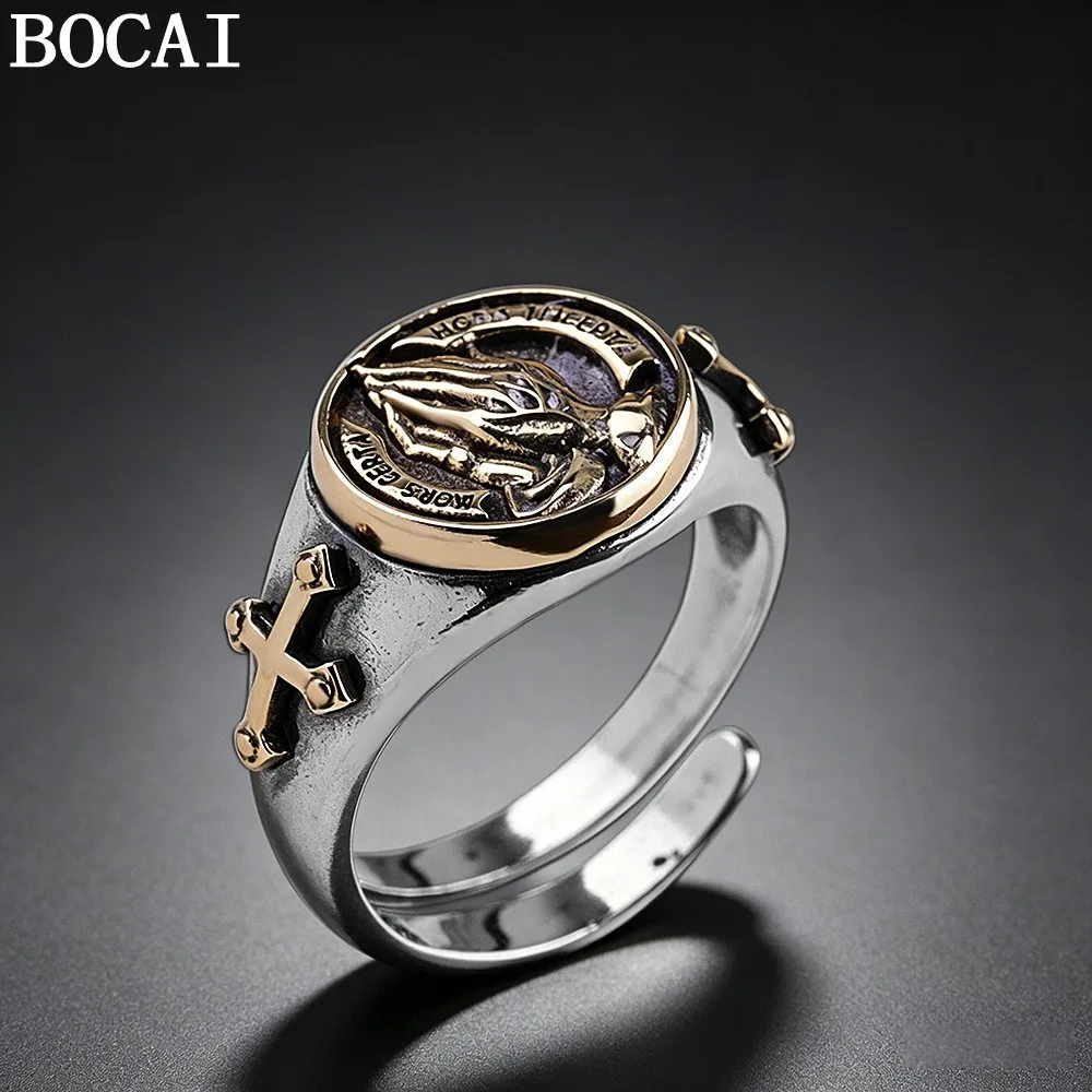 BOCAI New S925 Sterling Silver Jewelry With Retro Personality Prayer Hand Ring Selected Gifts