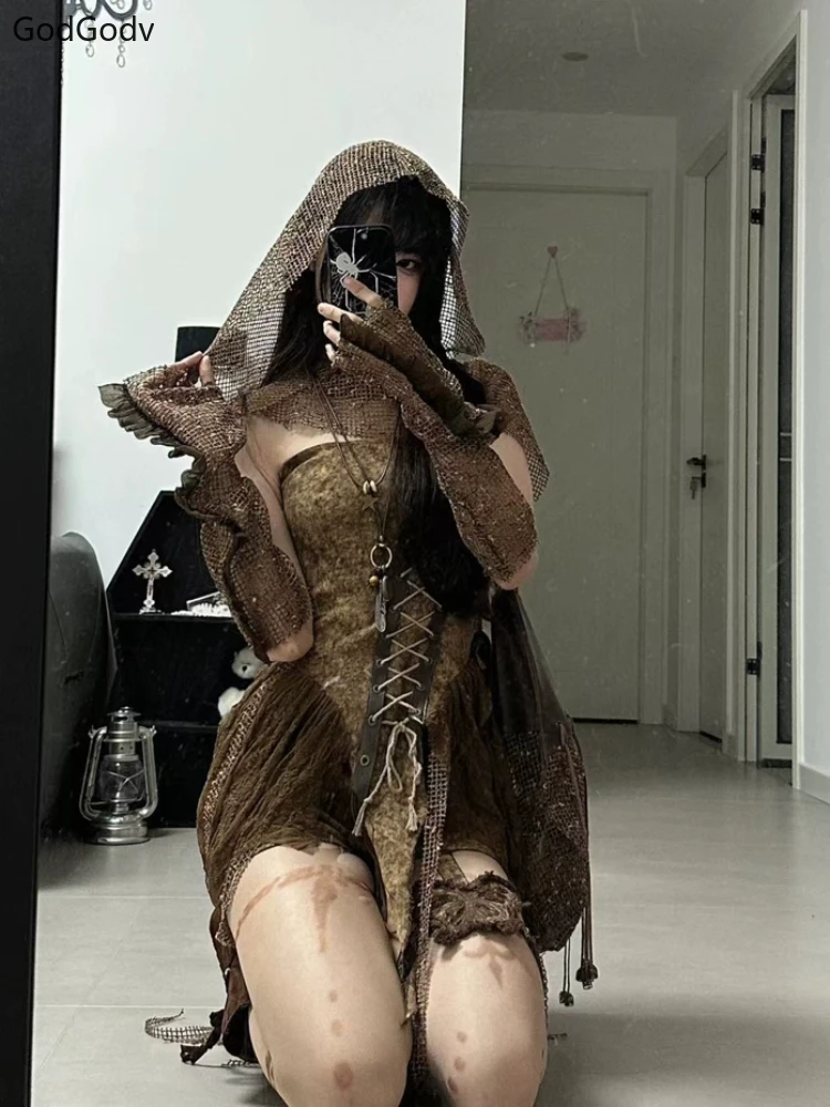 Spring Gothic Brown Vintage 3 Piece Set Women Sexy Lace Y2k Party Mini Pants Suit Female Korean Fashion Retro Designer Outfits image 3