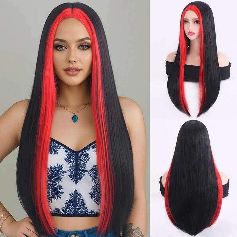 

Парик, черный с красными бликами, длинные прямые волосы, синтетический парик, полный головной убор, парик из синтетического волокна
