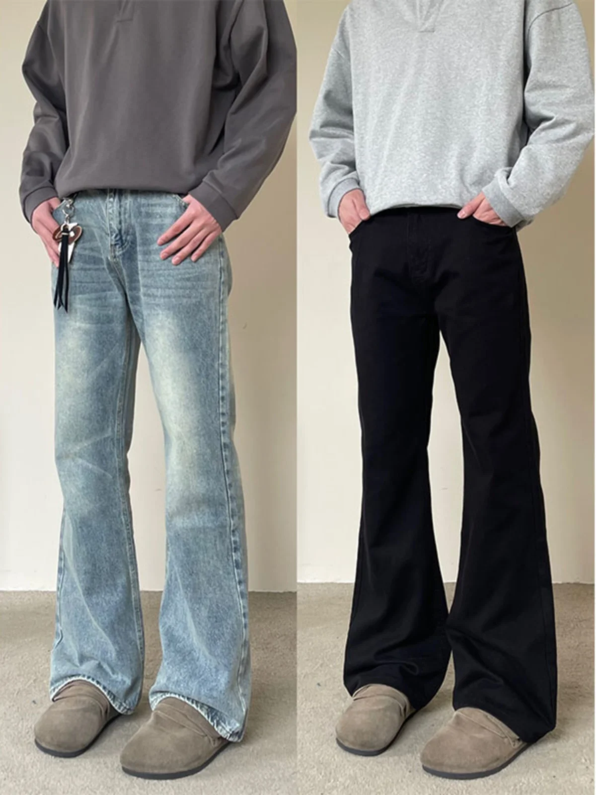 

American High Street Vibe Men's Clean Fit Washed Bell Bottom Jeans Straight Leg Blue Denim Jeans Youth Trendy Long Pants