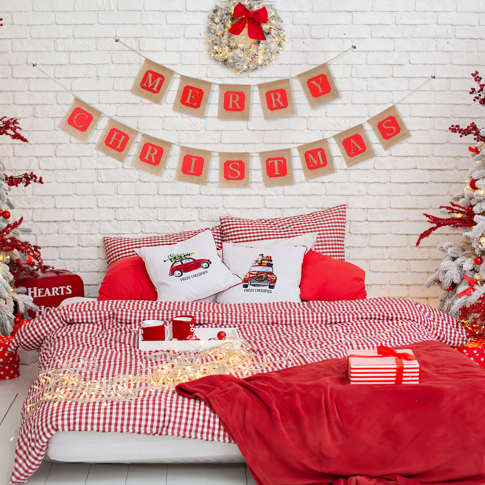 14枚のフラッグ メリークリスマス ジュートバナー 12x14cm レッドブラウン バーラップガーランド ホリデーデコレーション バーラップバナーガーランド