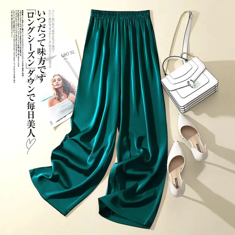 

Silky Acetate Satin Wide Leg Pants for Women 2023 Summer High Waist Straight Casual Solid 7 Colors Dance Trouser Women's Pants