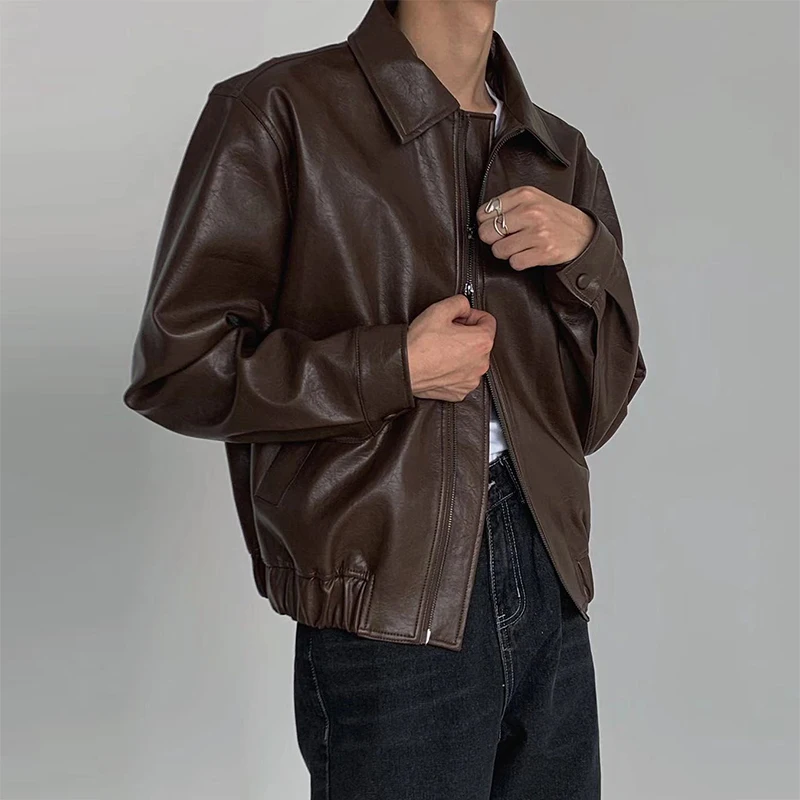 Vintage PU Leather Jackets Men Autumn Fashionable Solid Color Lapel Zip-up Leather Coats Men Stylish Loose Long Sleeve PU Jacket