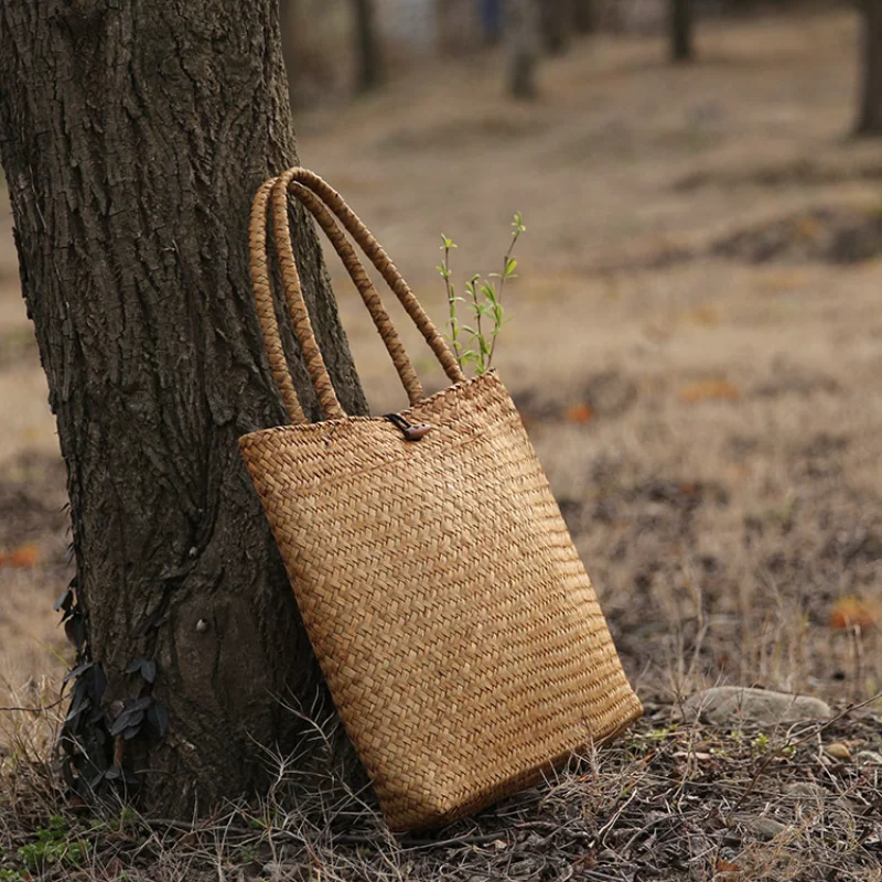 Basket Straw Tote Bags for Women Rattan Handmade Beach Handbags Ladies Bamboo Woven Holiday Shoulder Hand Bag