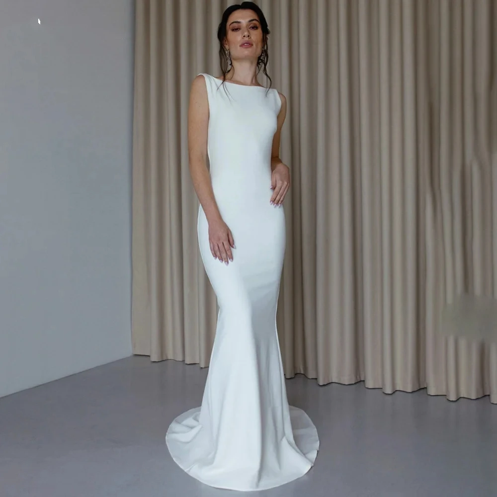 Robe de Mariée Sirène Simple en Crêpe et Fibre, Tenue de Plage Ouverte, Dos aux, Boutonnée, Mesure Personnalisée, Superbe, 2023