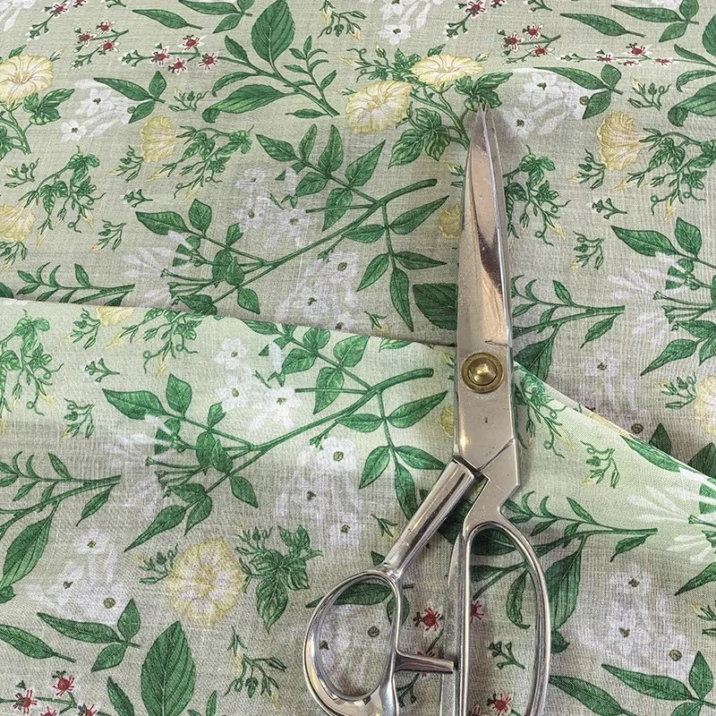 

1yard High quality ramie fabric Green petals print tissu Customized handmade DIY for dresses and clothing fabric for sewing