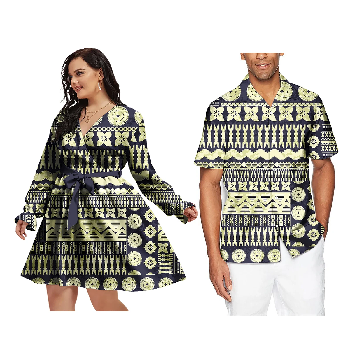 Drop Shipping Fashion Trendy Casual Dress Match Hawaiian Shirt Men Unique Couple Outfits Polynesian Samoan Tribe Clothes