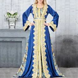 Luxury Long Dress For Muslim Women Long-Sleeved Fahion Print Patchwork Waisted Muslim Robe Dubai Dresses Party Festival Dress