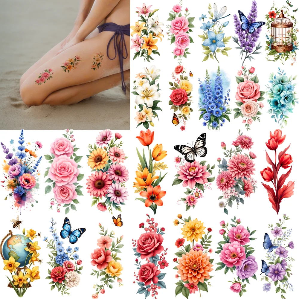 

9pcs Temporary Tattoo Butterfly With Lavender Temporary Tattoo Stickers Dragonfly With Blue Flowers Colorful Blooms Colorful For