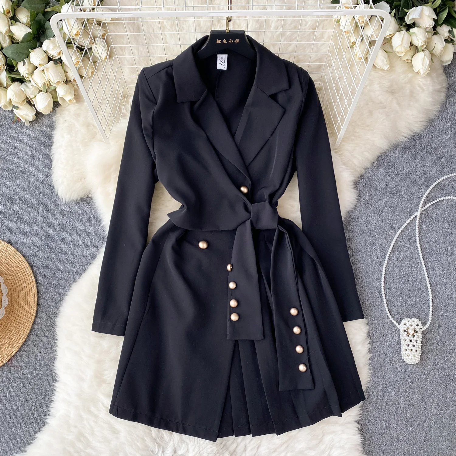 Women\'s Fashion Trendy Office Coat Dress Ladies Age Reduce Suit Collar Strap Tight Fit Short Pleated Long Sleeve Dress Coat