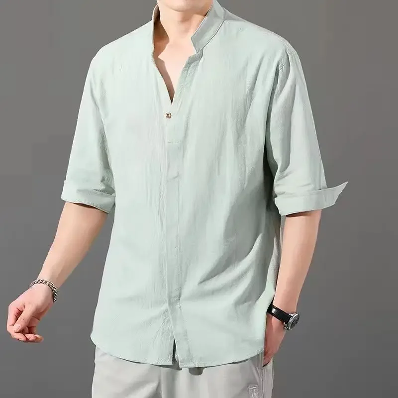 Men's Shirt with Pocket Linen Green Male Shirts Social Cheap Things Comfortable Hipster Korean Style Fashion Man 2024 Summer I