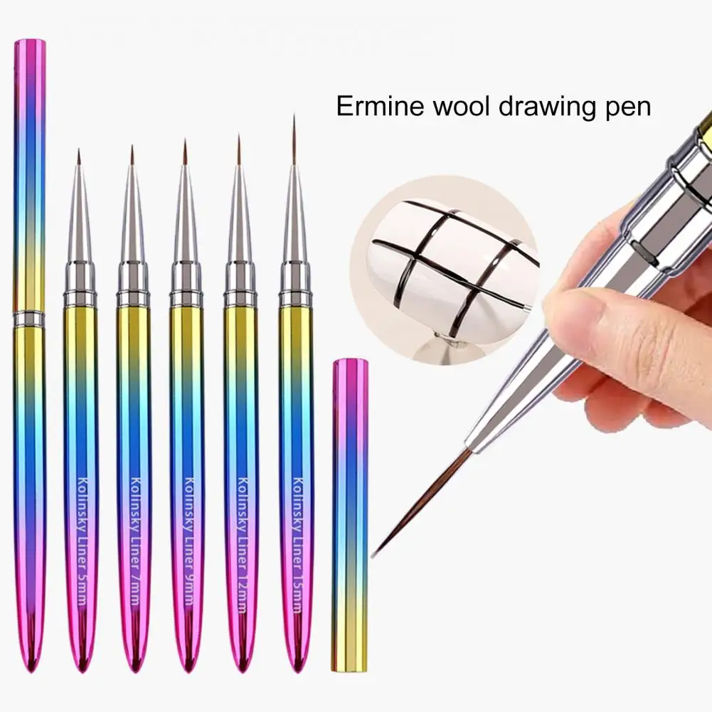 5/7/9/12/15mm Nail Liner Pen Metal Handle Flexible Bristle Gradient Color Fine Tip Manicure Tool Nails Gel Polish Painting Brush