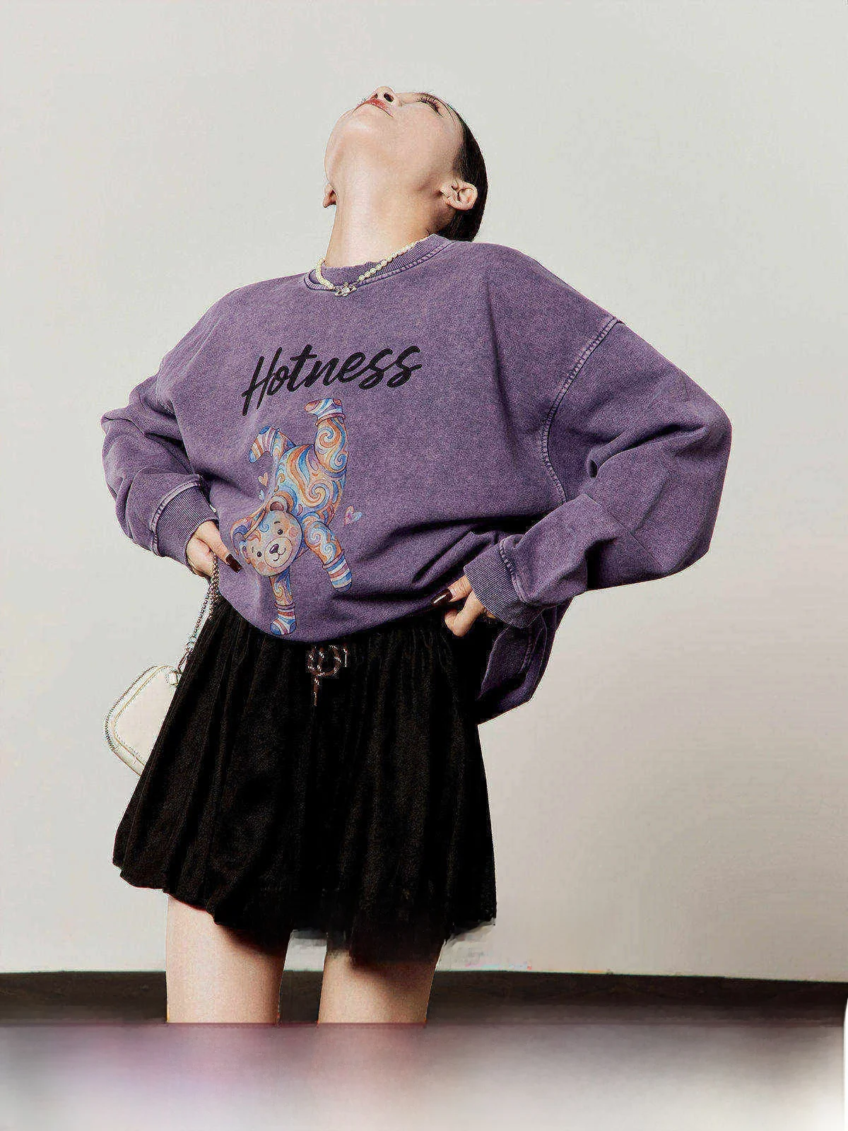 Loose Women's Hoodie Dark Purple Wax Dye Lazy Style Bear Pattern round Neck Long Sleeve Casual Top Spring 2026 New Arrival