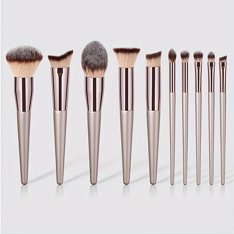 Conjunto de pincéis de maquiagem de 10 peças - champanhe, pincel de sombra, pincel de base multifuncional conjunto de pincéis profissionais