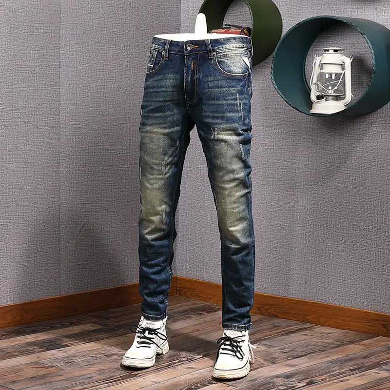 

Street Fashion Men jeans Retro Washed Blue Stretch Slim Fit Ripped Jeans Men Italian Style Vintage Designer Denim Pants Hombre