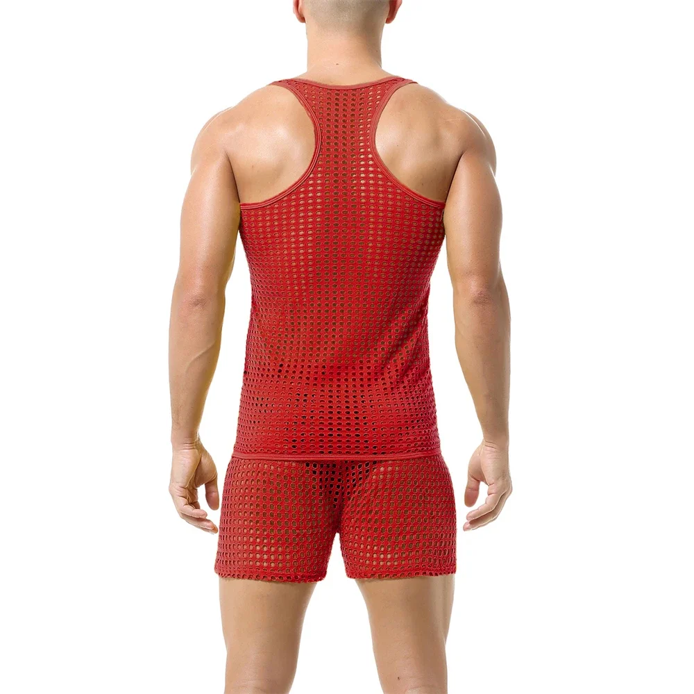 Sexy Mens Clothes Set Fishnet Hollow Out Tank Tops Sleeveless T-shirts Vests With Transparent Mesh Shorts Suit Male Undershirts